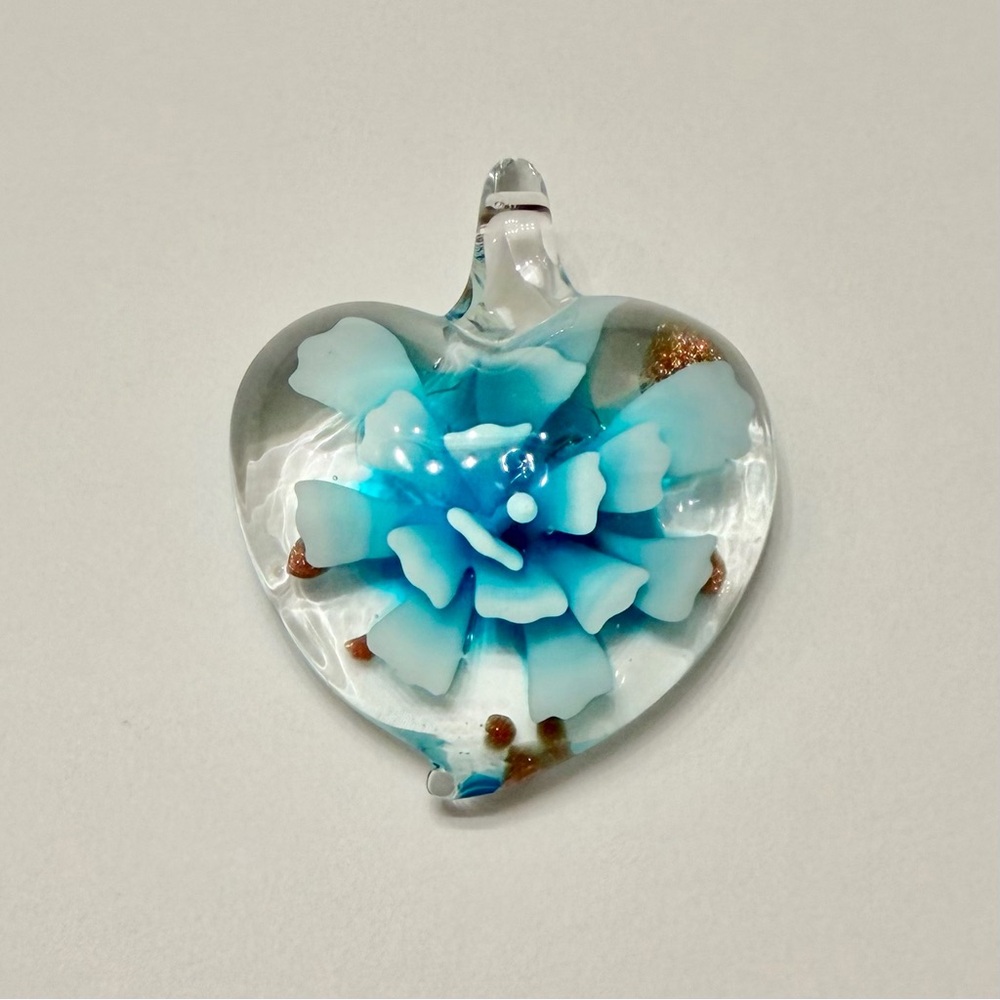 Blue Ombré Flower in Hand-Blown Glass Heart Implosion Art Glass Necklace Pendant - Picture 1 of 6